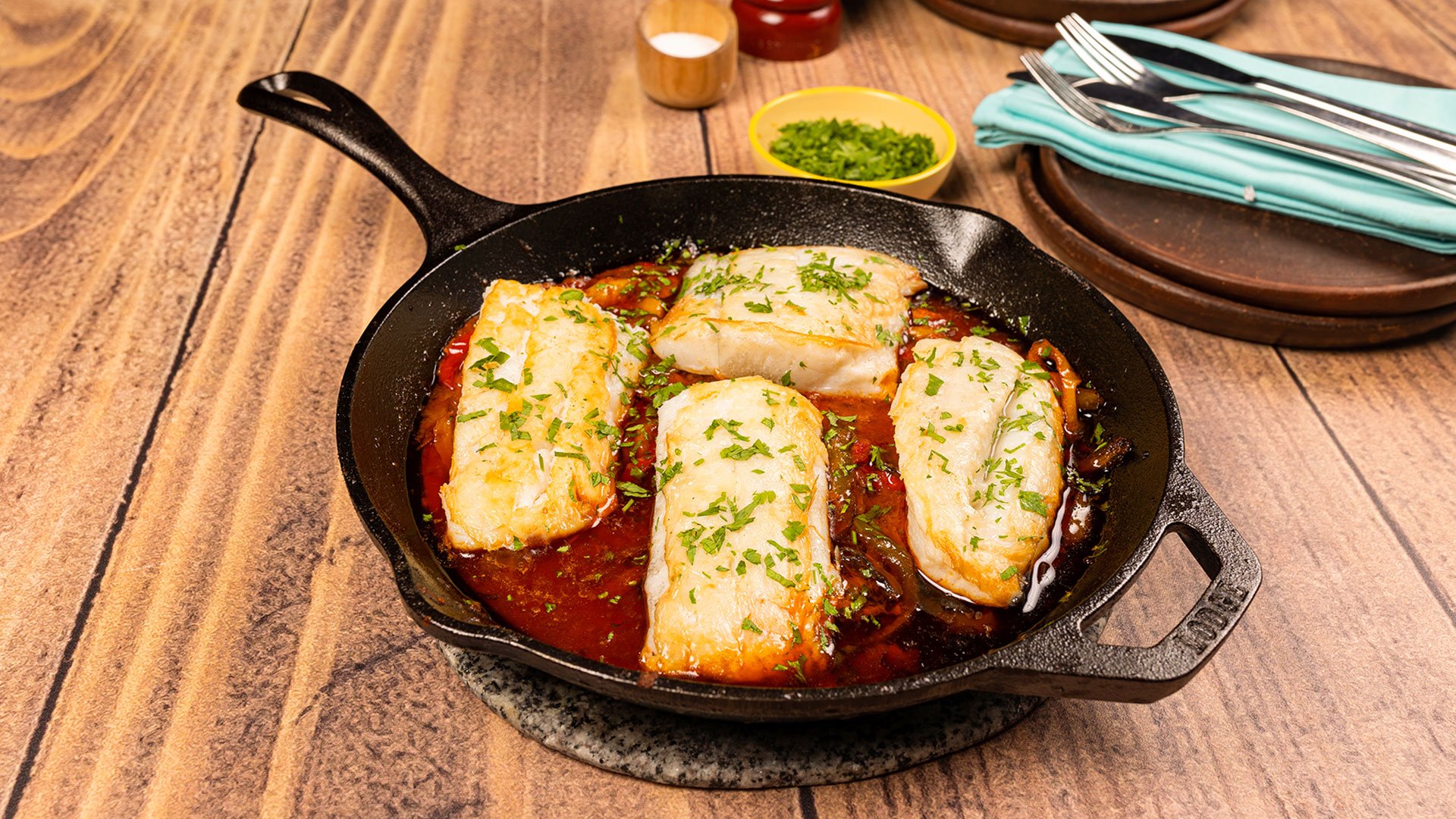 Grilled Norwegian salted cod with peppers