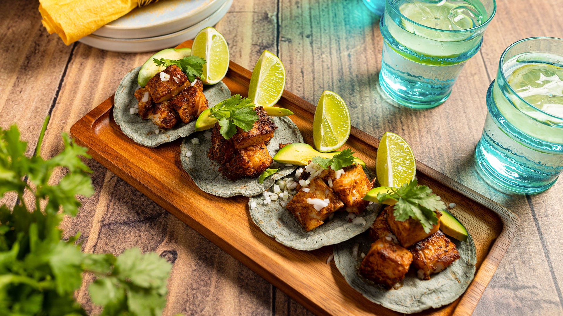 Tacos of Norwegian desalted cod marinated with avocado and coriander