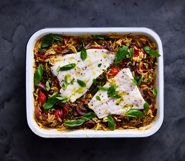 Baked Norwegian cod and cherry tomato orzo