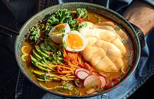 Norwegian cod with ramen, vegtables and egg