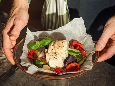 Norwegian cod with oven-baked  vegetables