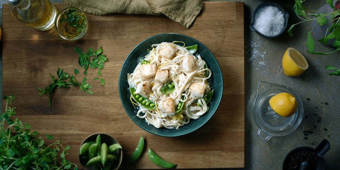 Pasta al limone with crispy Norwegian cod