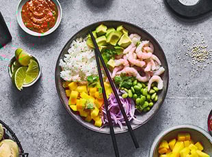 Poke Bowl with Prawns and Peanut Dressing