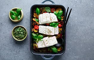 Baked Norwegian saithe in salsa verde