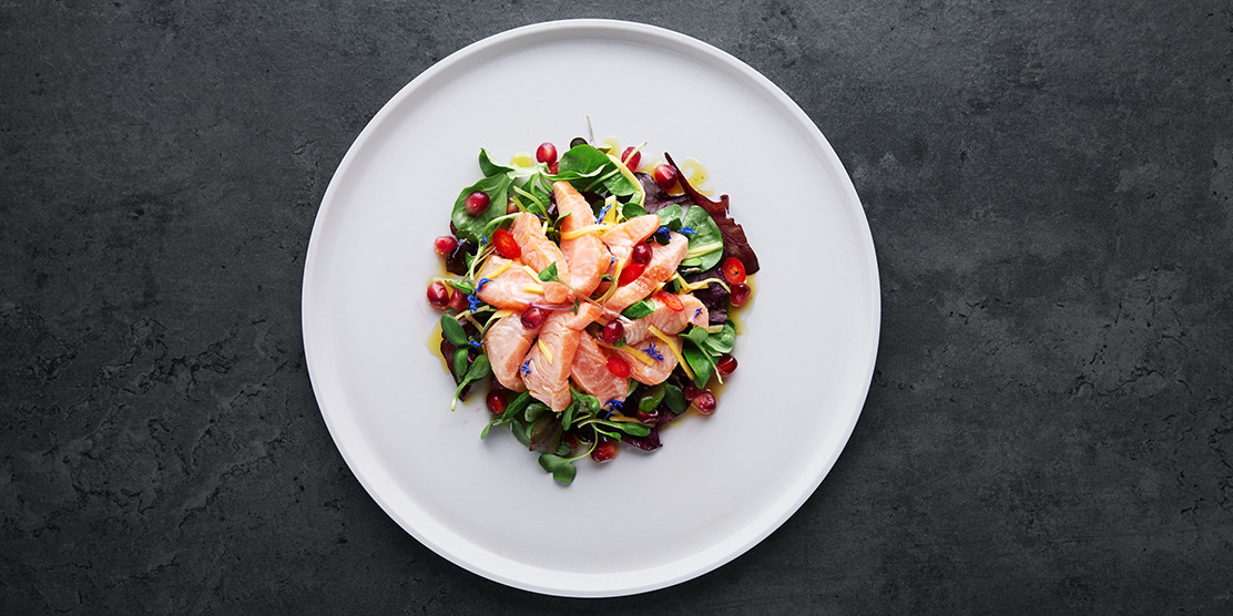 Norwegian salmon ceviche with mango and pomegranate